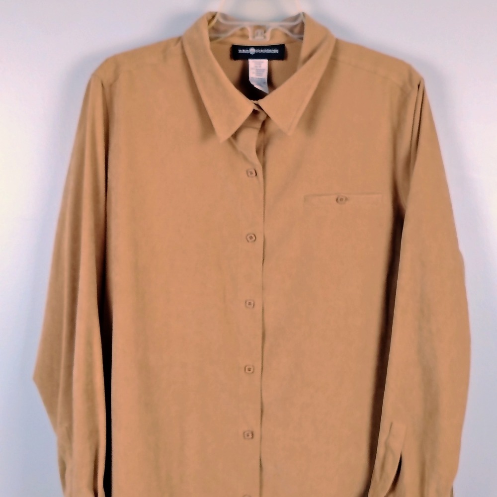 Sag Harbor Womens SZ 18 Faux Suede Button Down Shirt Camel Brown Minimalist - Picture 2 of 9